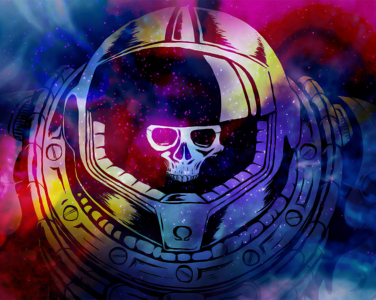 Череп в скафандре на разноцветном абстрактном фоне