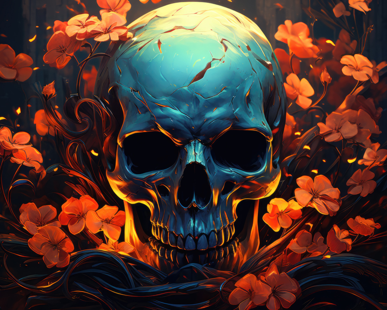 Череп с цветами крупным планом