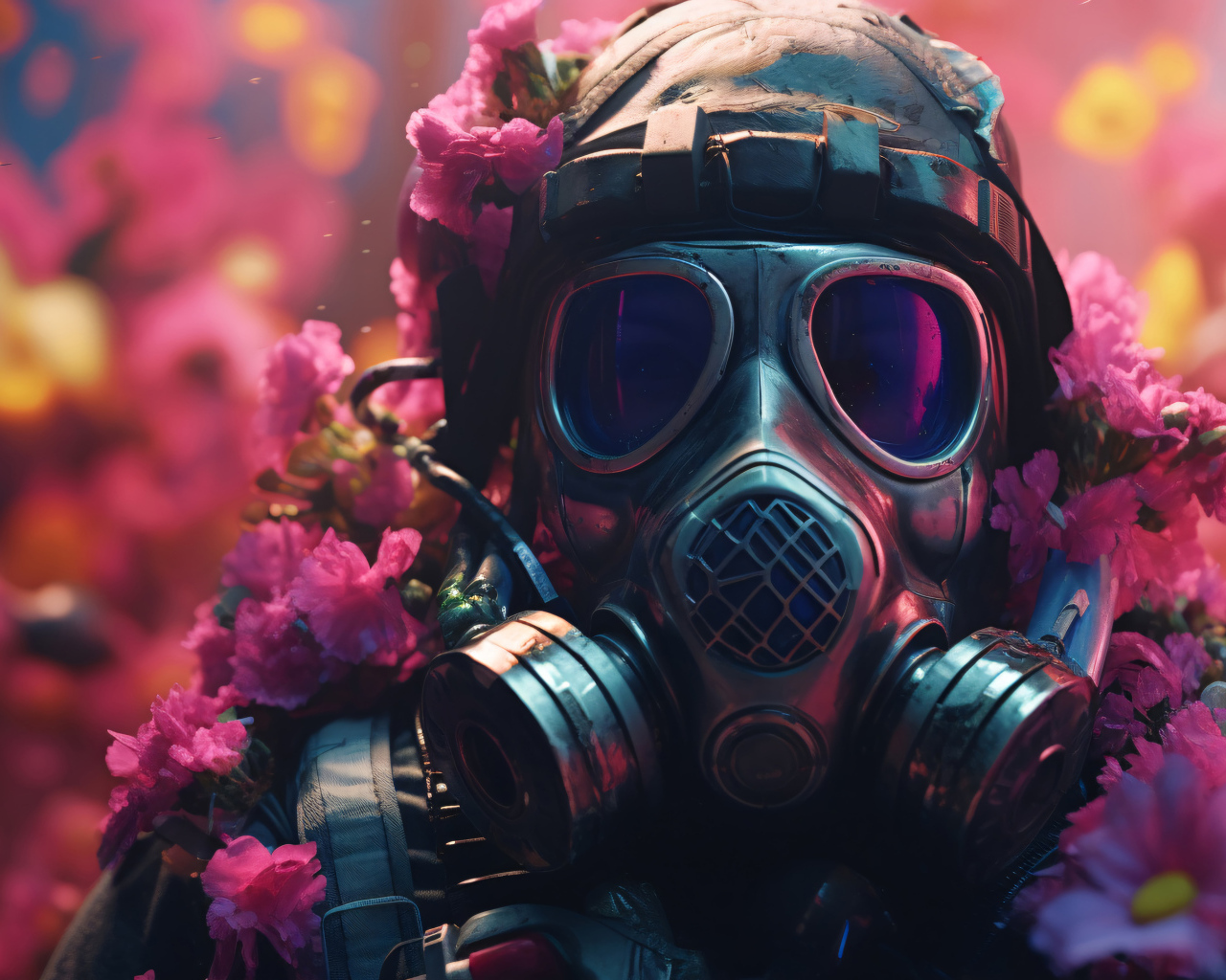 Солдат в противогазе в цветах