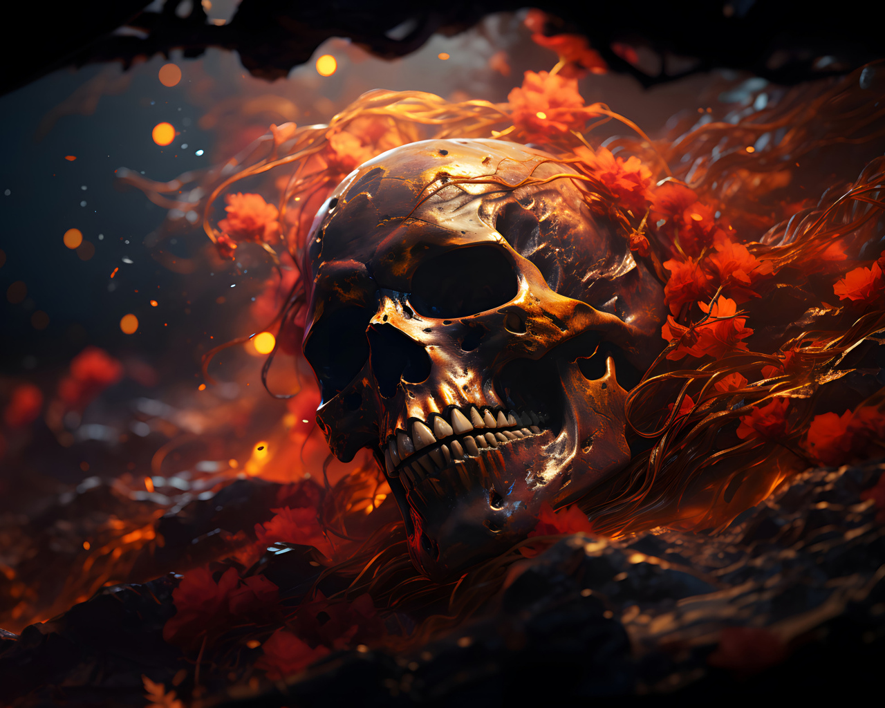 Череп зарастает лианами на земле