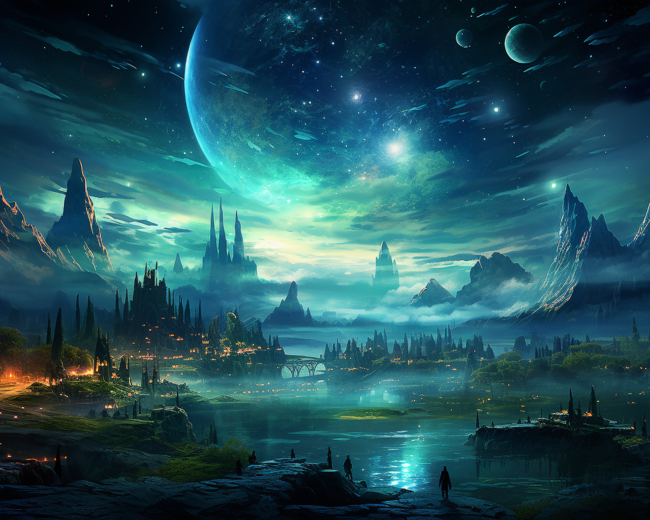 Вид на фантастический город ночью 