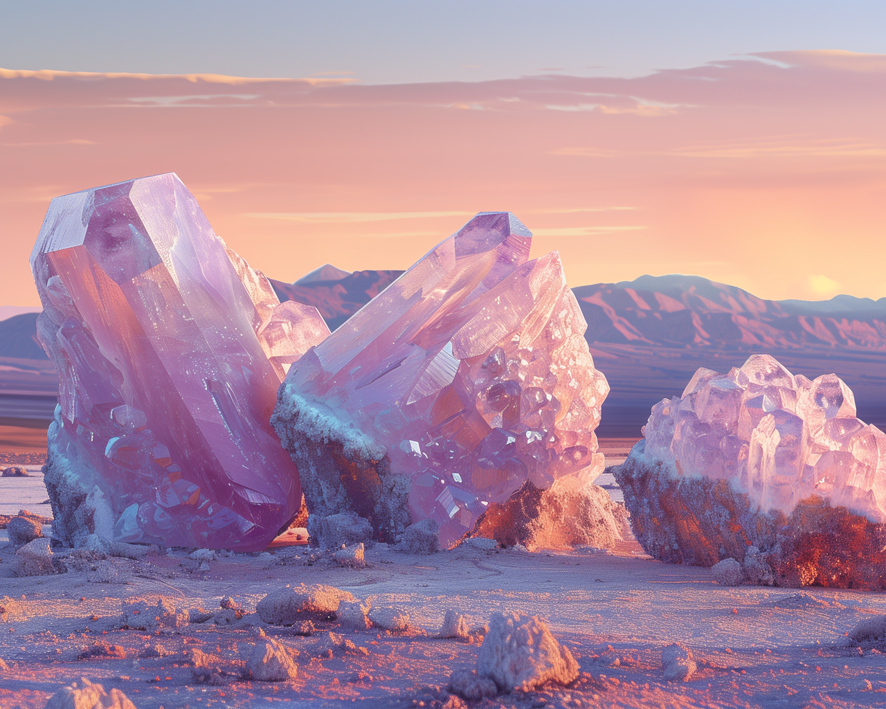 Большие розовые минералы на песке