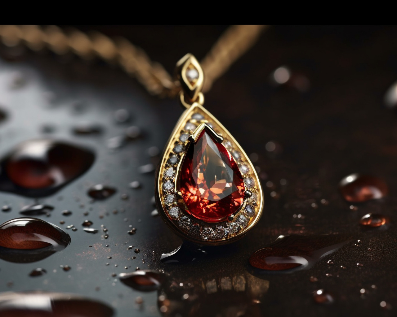 Кулон с красным камнем на мокрой поверхности 