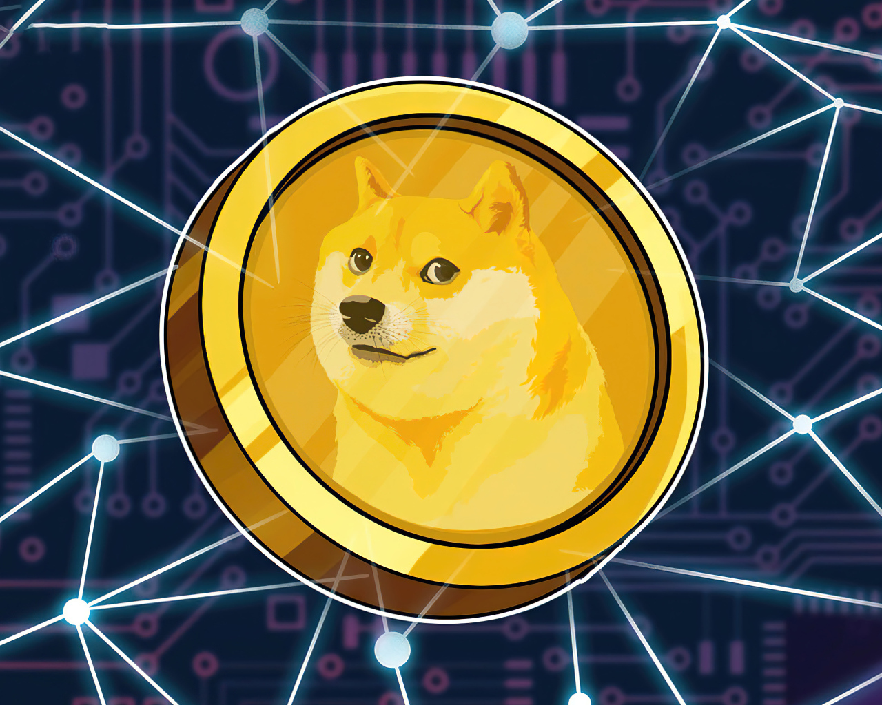 Монета dogecoin на фоне с  сеткой