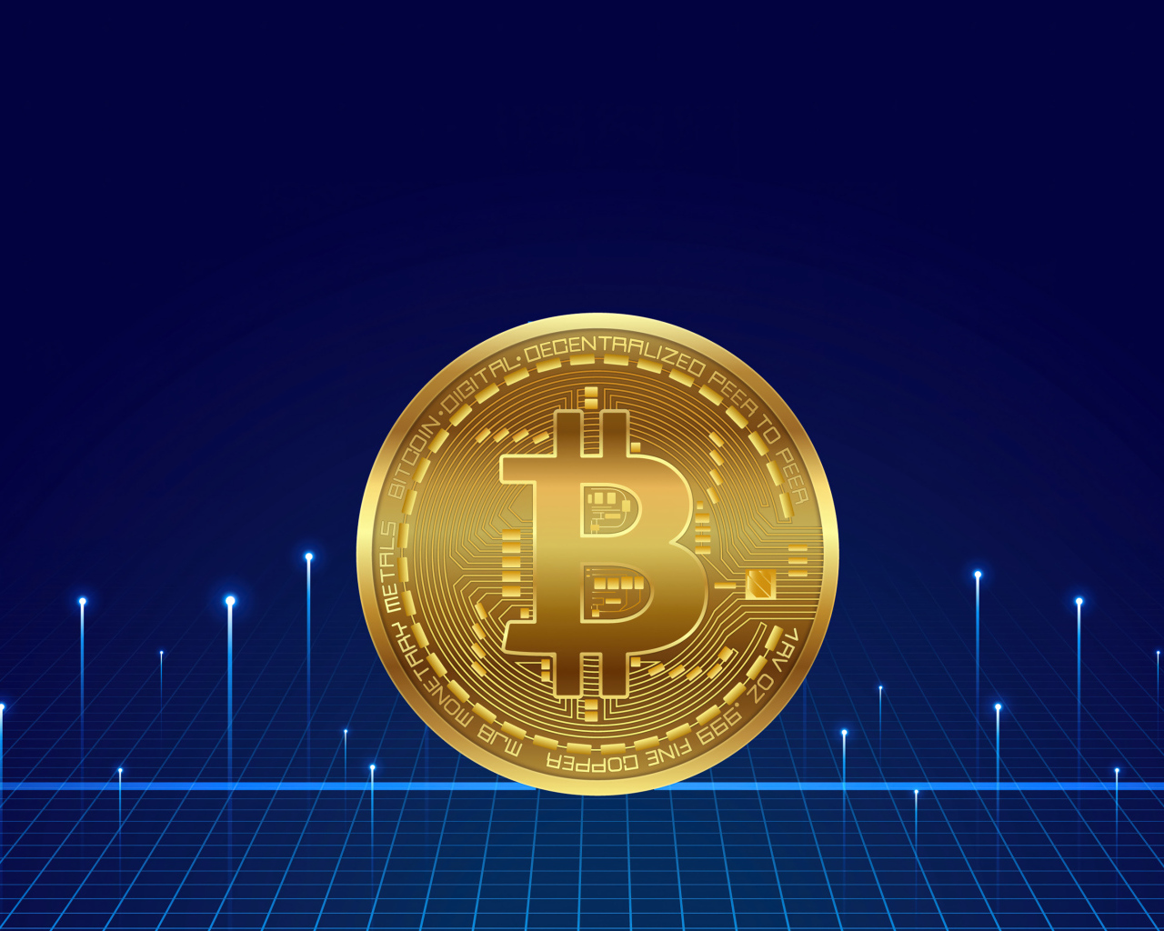 Золотая монета биткоин на синем фоне с неоновыми  лучами