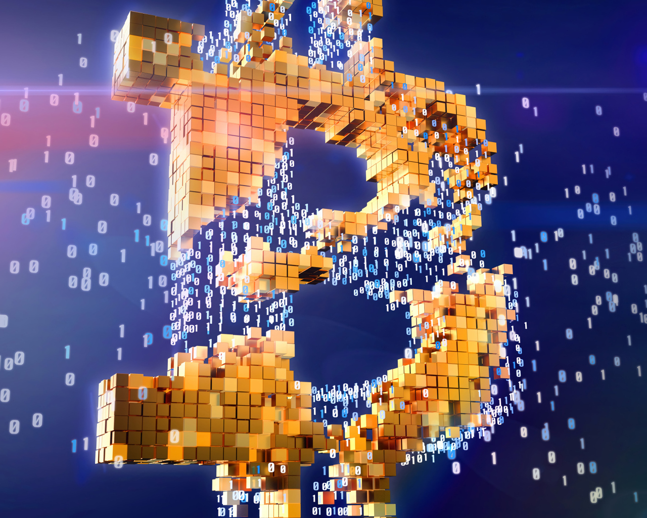 Значок биткоин разрушается на числа и пиксели