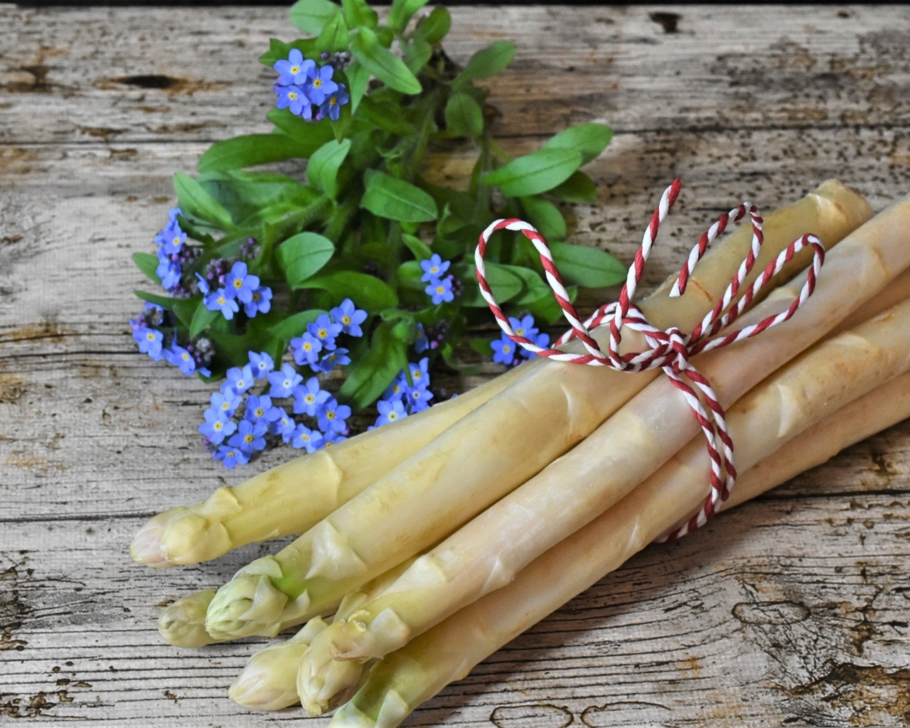 Спаржа на столе с цветами незабудки