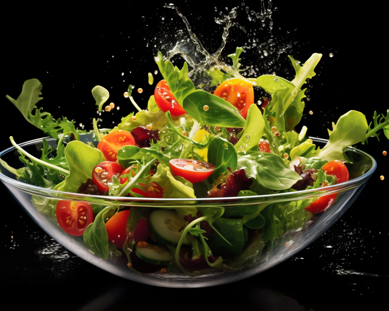 Свежий салат в стеклянной тарелке на черном фоне