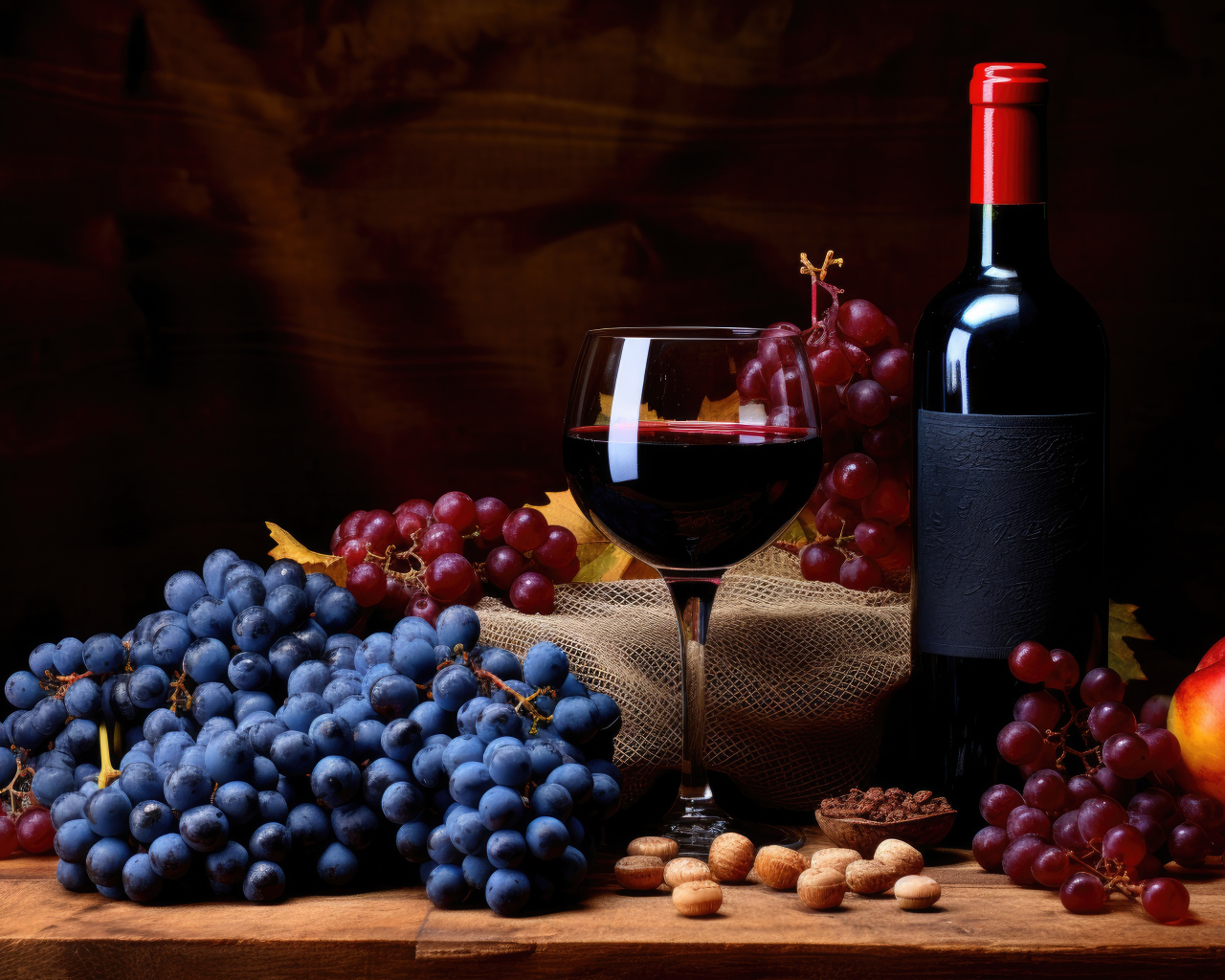 Синий и розовый виноград на столе с вином 