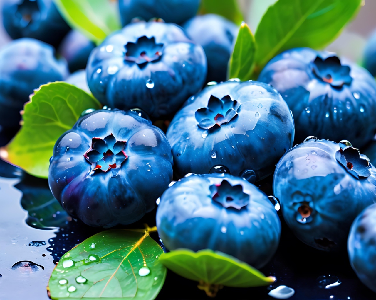 Синие ягоды черники в каплях воды