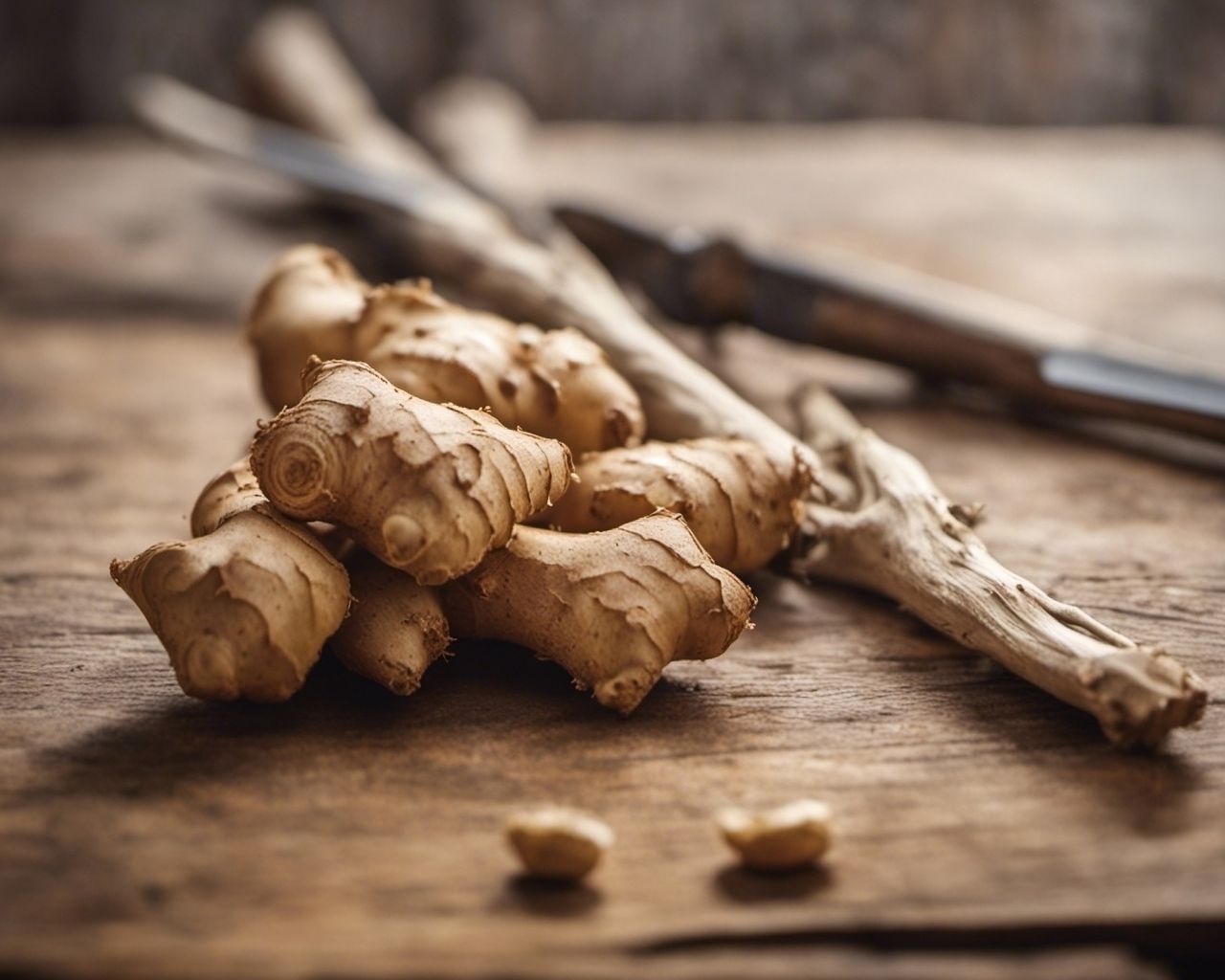 Корень имбиря на столе 