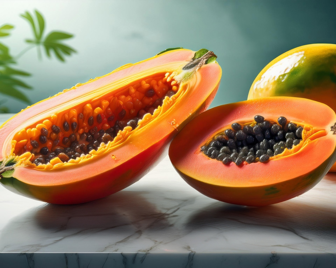 Папайя с черными зернами на столе