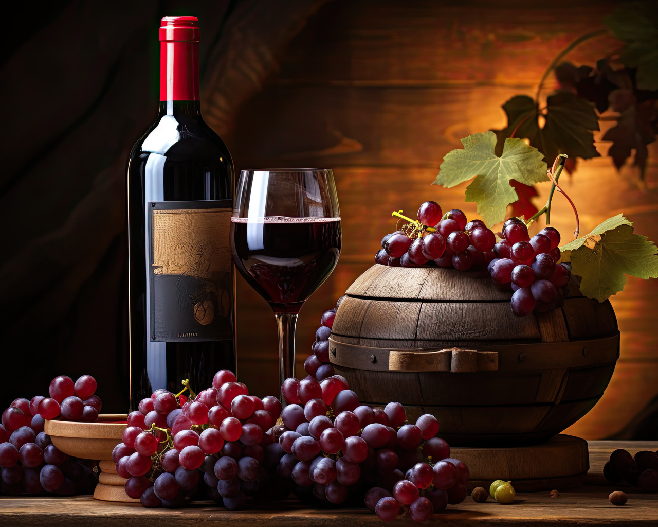 Розовый виноград на столе с вином