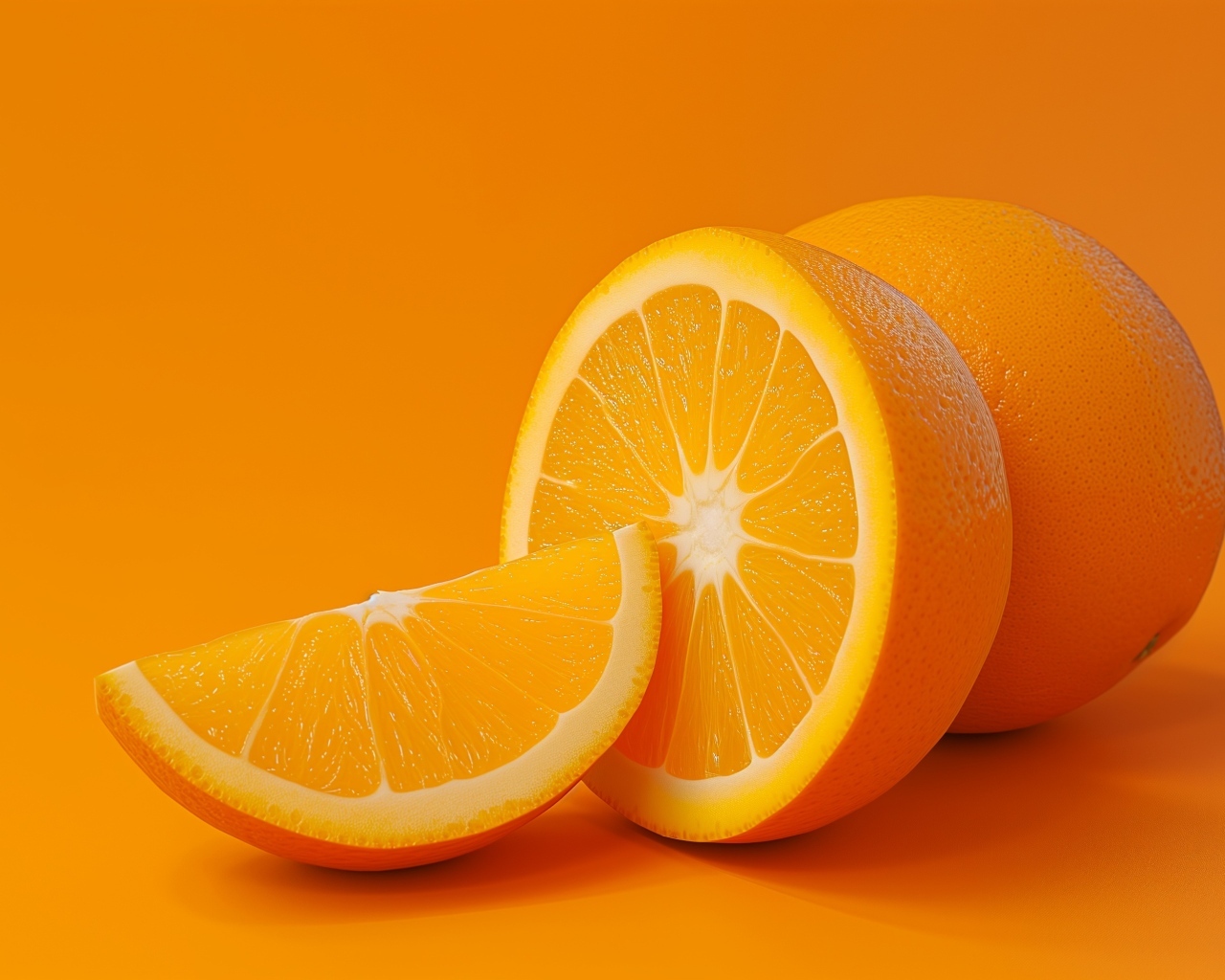 Спелый оранжевый апельсин на оранжевом фоне