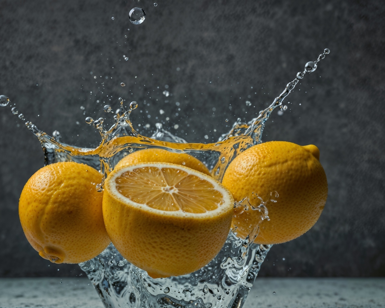 Желтый лимон в брызах воды на сером фоне