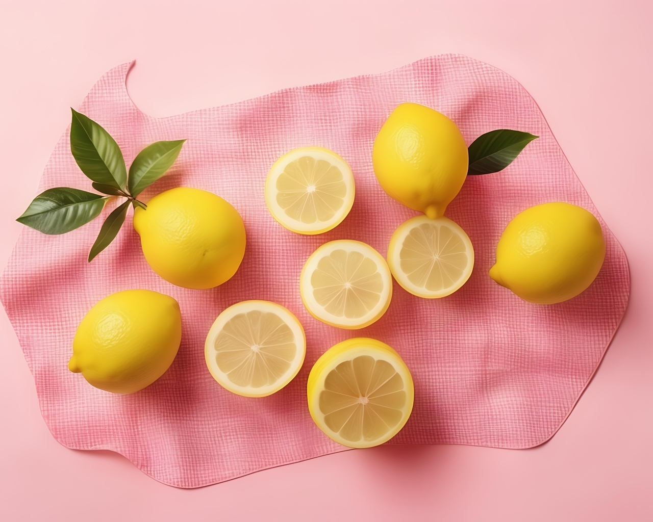 Желтые лимоны с полотенцем на розовом фоне