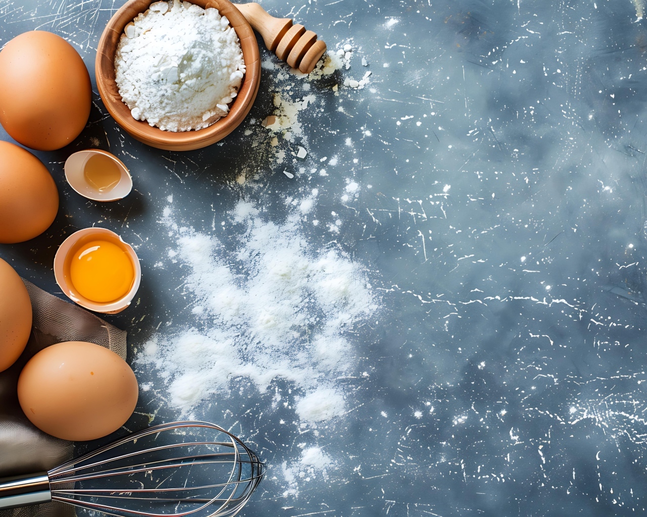 Свежие яйца, мука и венчик на сером столе