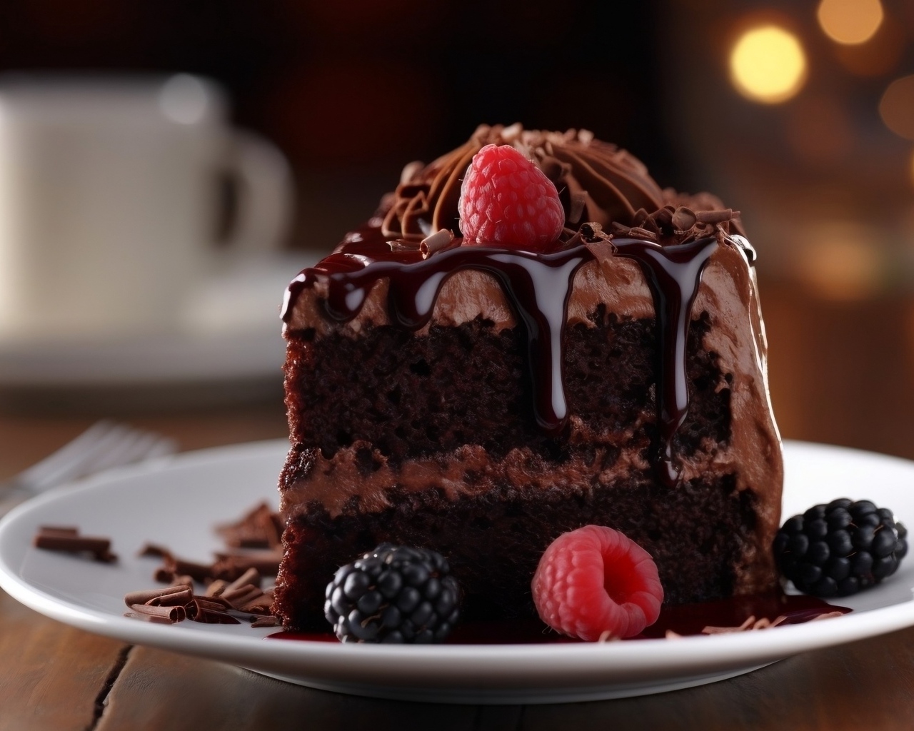 Кусок шоколадного торта с кремом и ягодами на тарелке