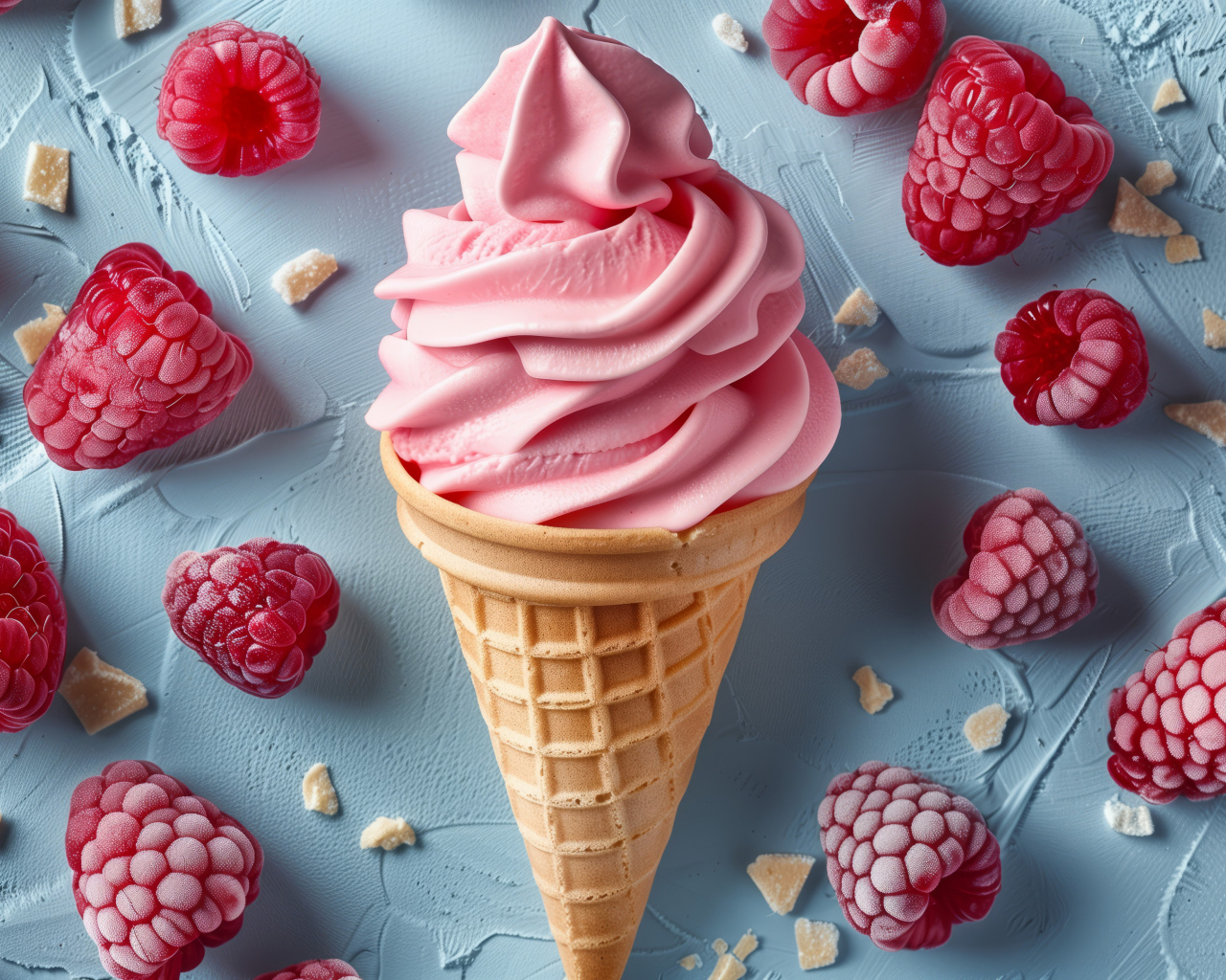 Аппетитный вафельный рожок с мороженым и ягодами малины