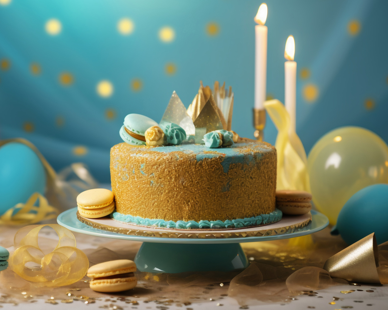 Торт на день рождения в голубой глазури с макарунами