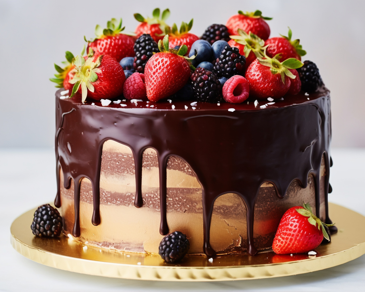 Торт в шоколадной глазури со свежими ягодами