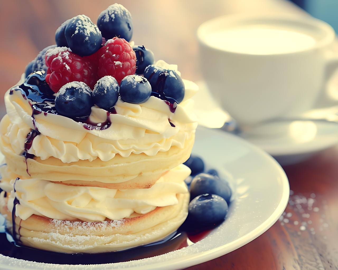 Сырники с кремом и ягодами на столе на завтрак