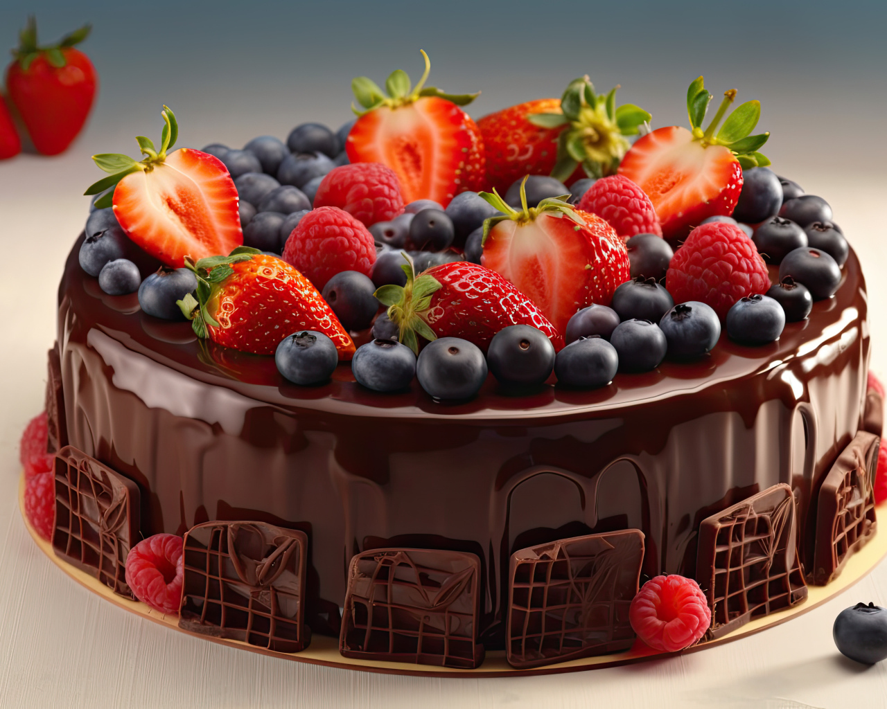 Торт в шоколаде с ягодами черники, клубники и малины