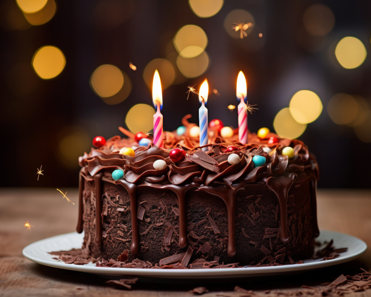 Шоколадный торт с тремя зажженными свечками