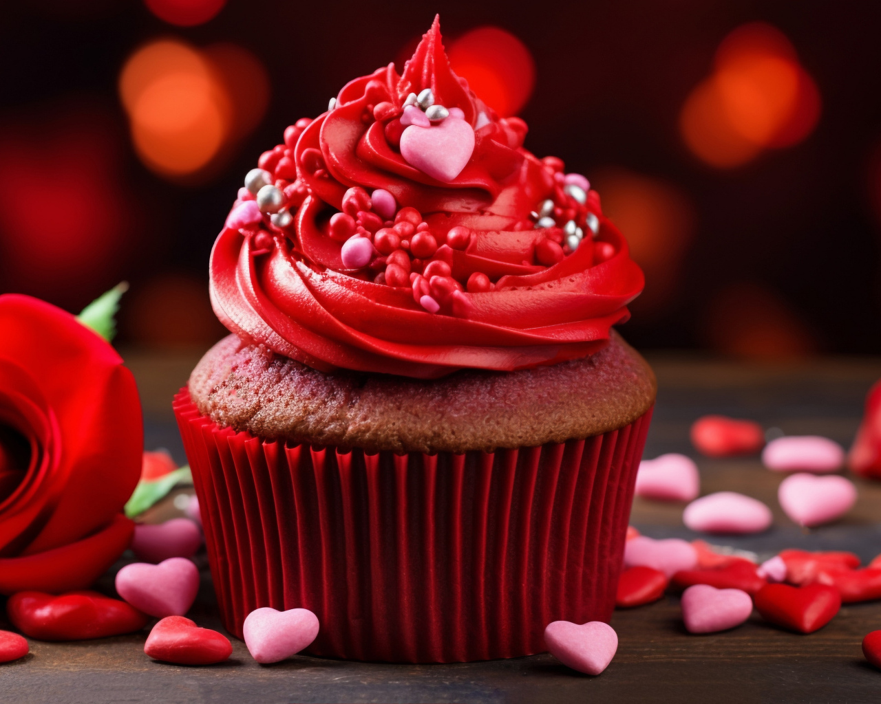 Кекс с красным кремом, розой и конфетами