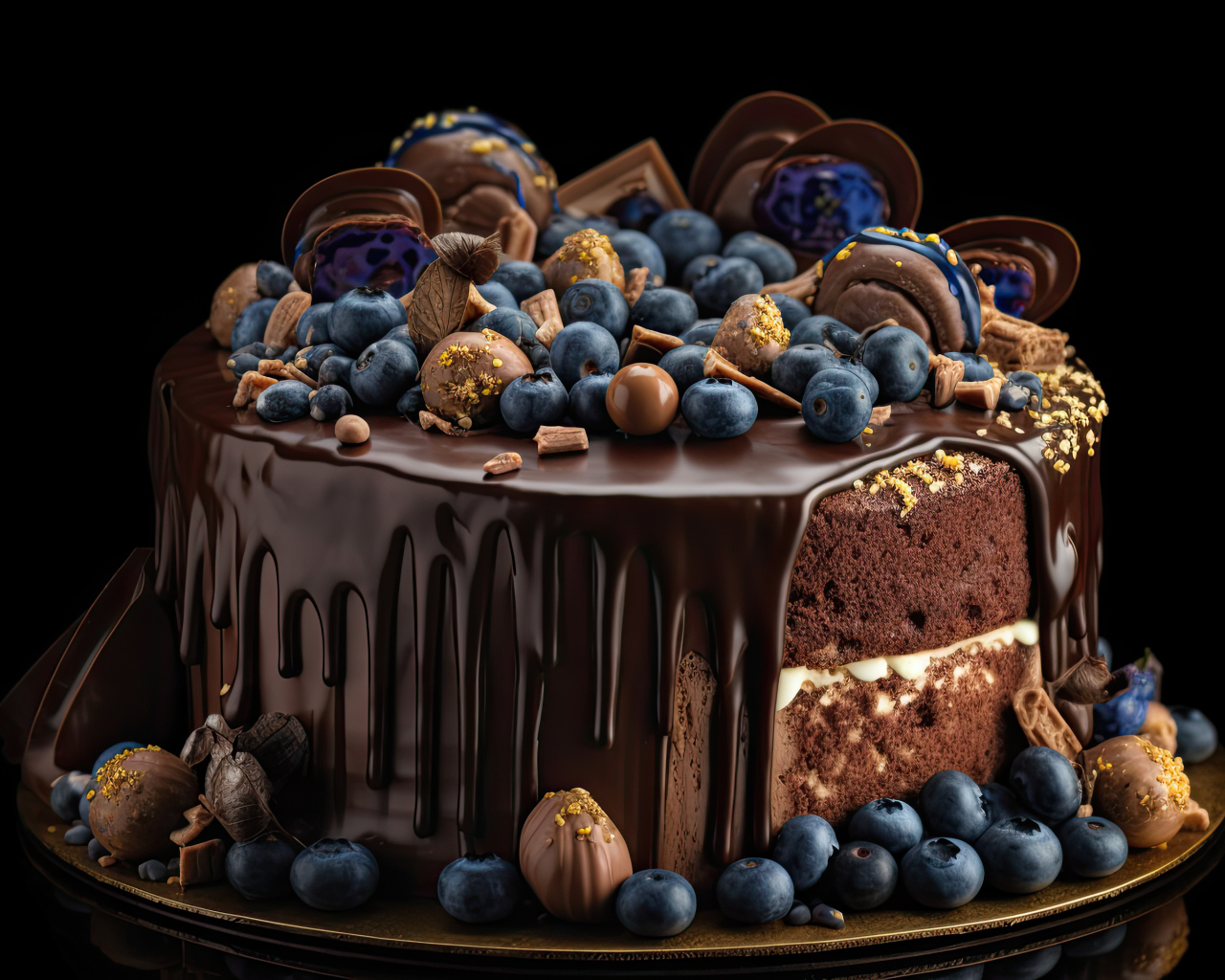 Аппетитный торт в шоколаде с конфетами и ягодами черники