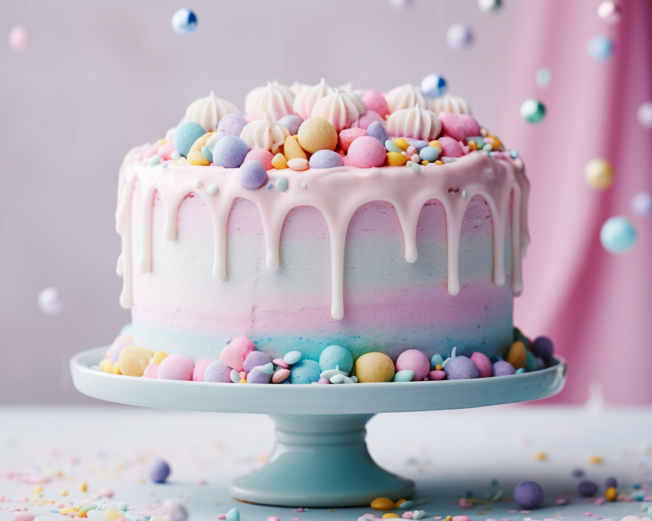 Разноцветный торт украшен конфетами