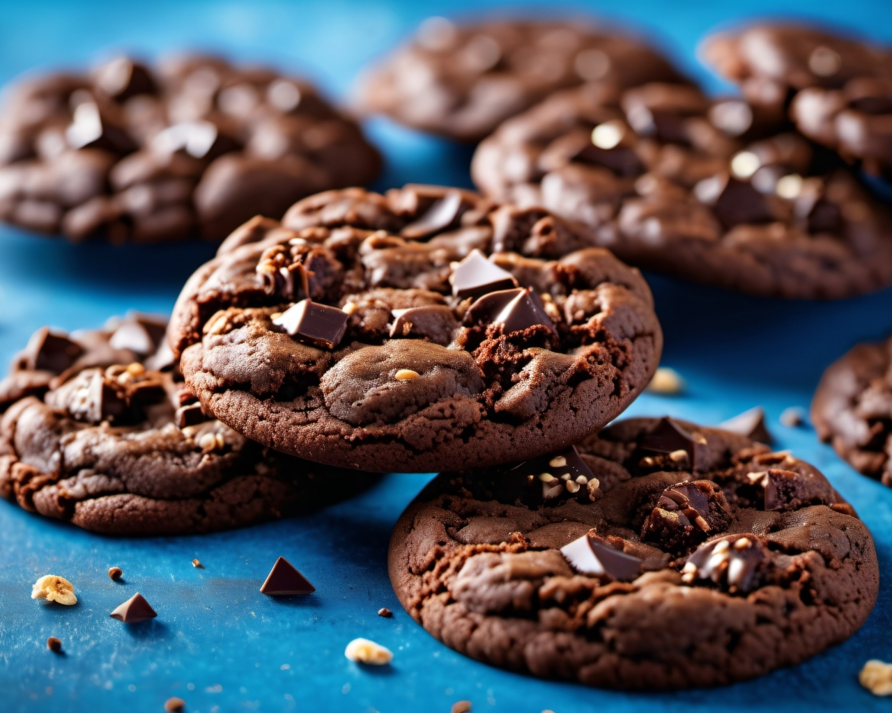 Круглое печенье с шоколадной крошкой на синем столе