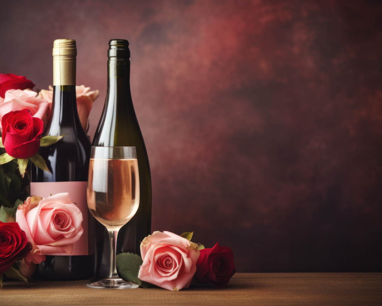 Букет роз на столе с вином