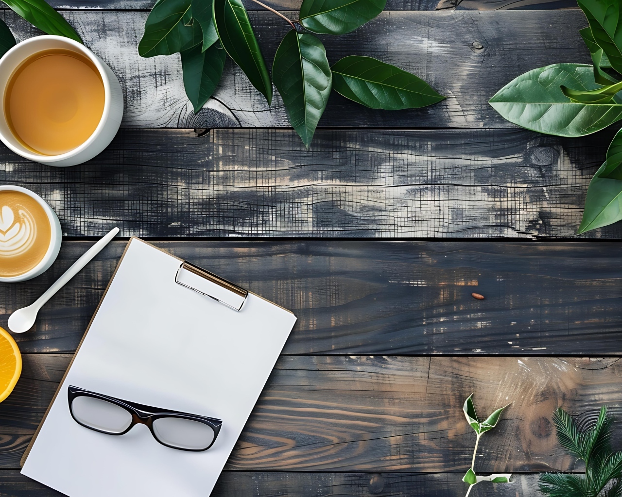Кофе на столе с блокнотом, очками и зелеными листьями