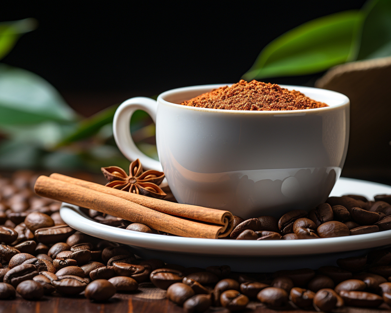 Чашка с молотым кофе и зернами на столе с корицей