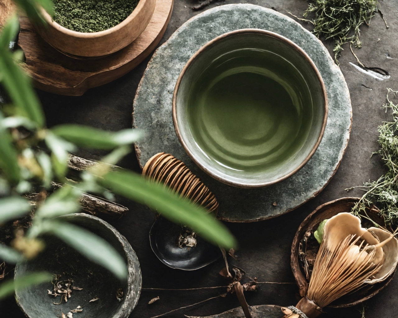 Зеленый чай с посудой на столе