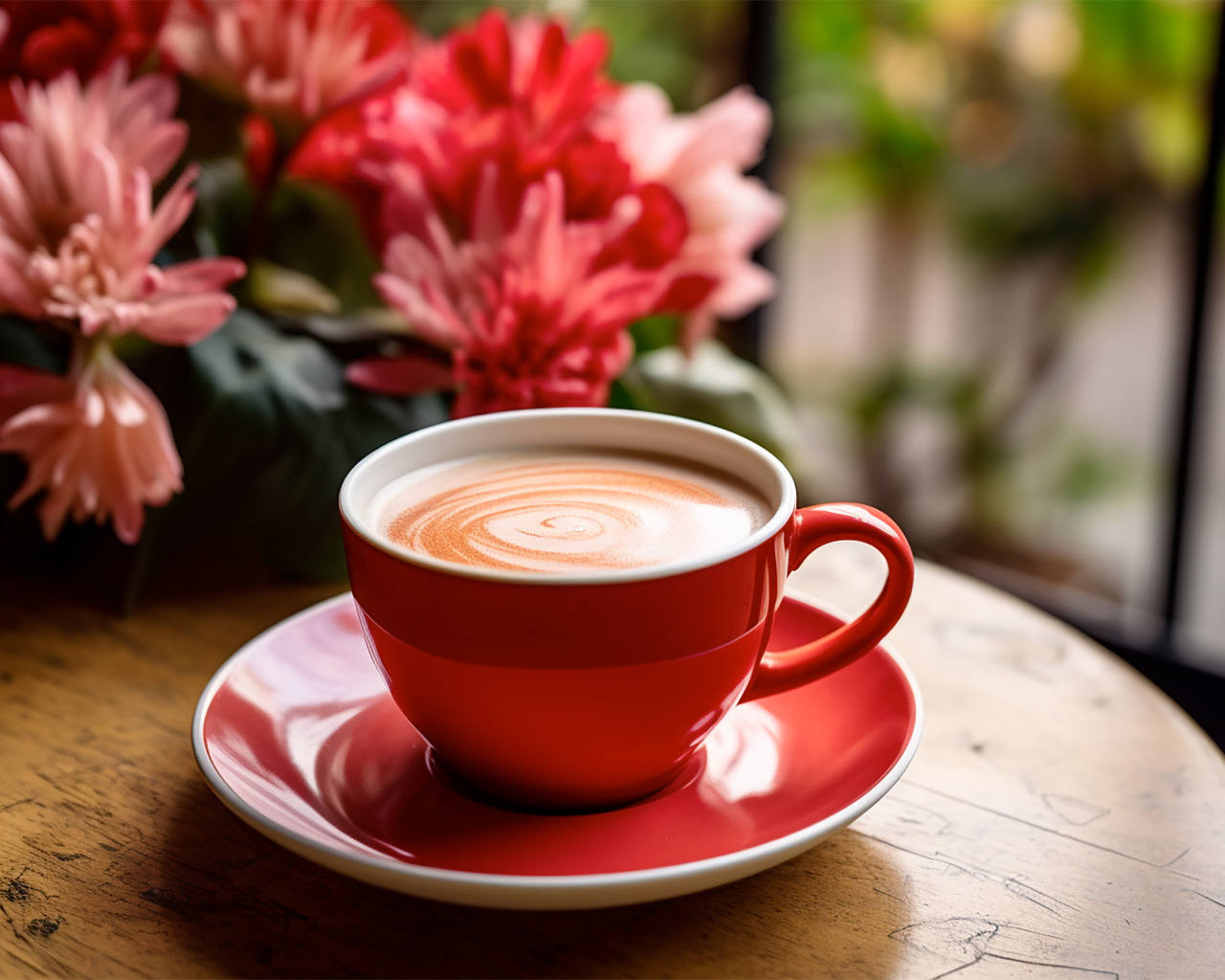 Большая красная чашка кофе на столе с цветами