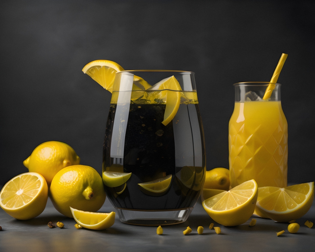 Лимонад на столе с лимонами и соком