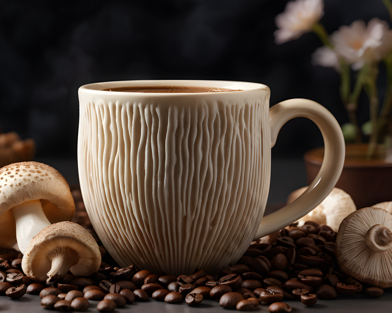Необычная кружка на столе с грибами и кофейными зернами