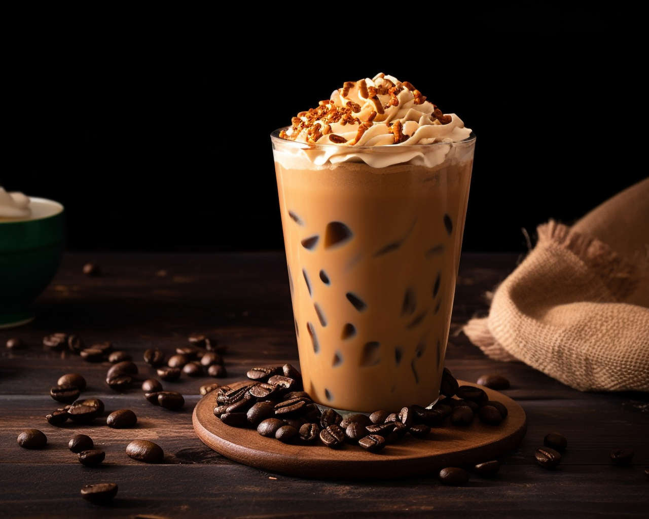 Напиток со взбитыми сливками на столе с кофейными зернами