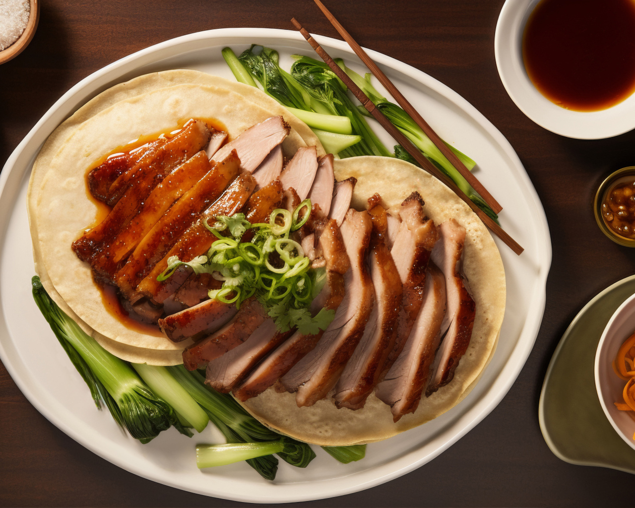 Мясо на тарелке с лепешками и зеленью