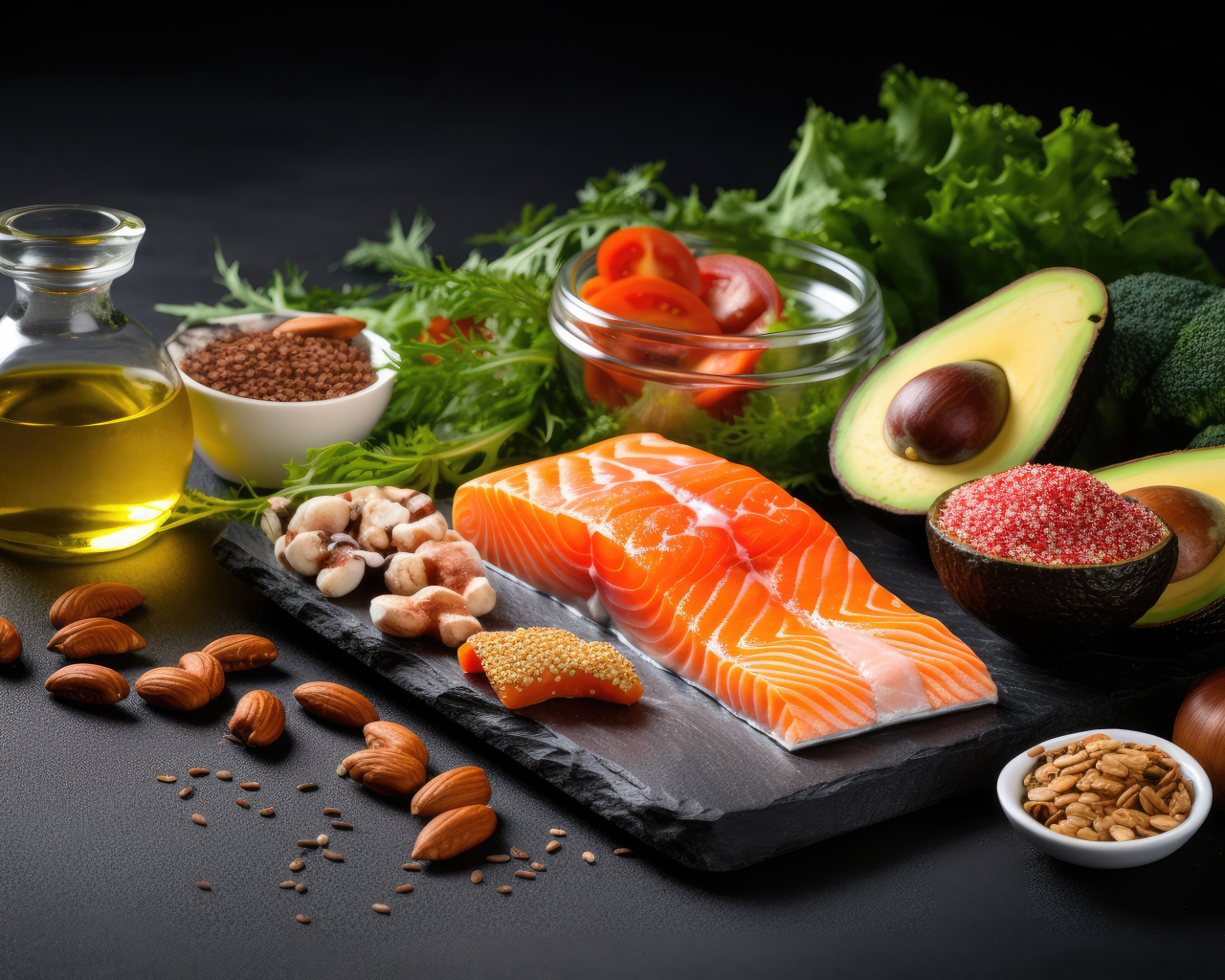 Рыба на столе с орехами и овощами