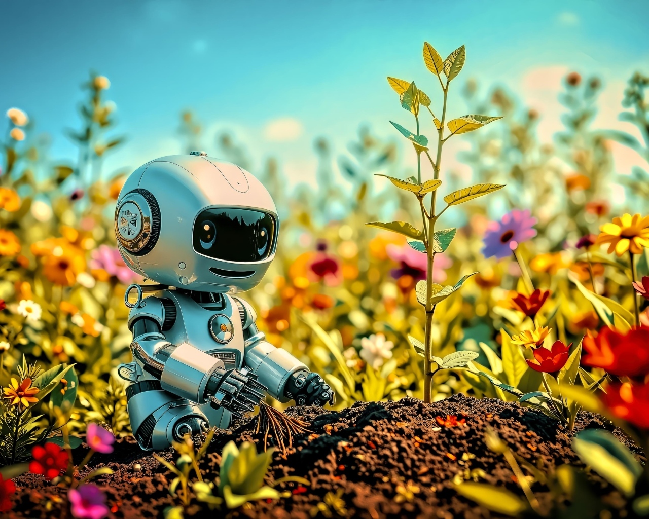 Игрушечный робот сидит на земле с растениями