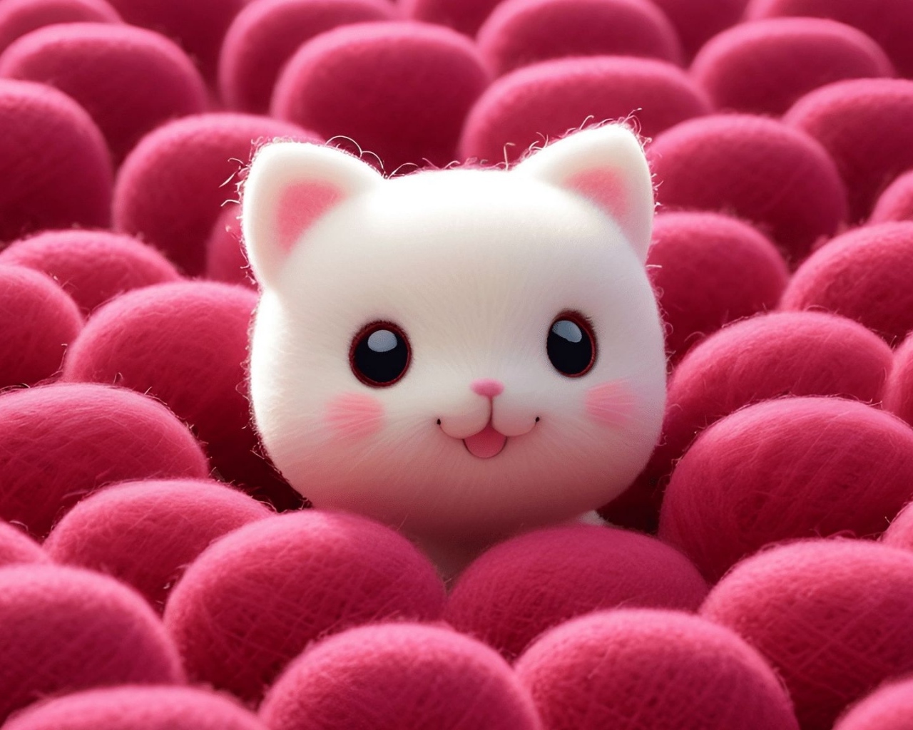 Милый котенок  с клубками шерсти