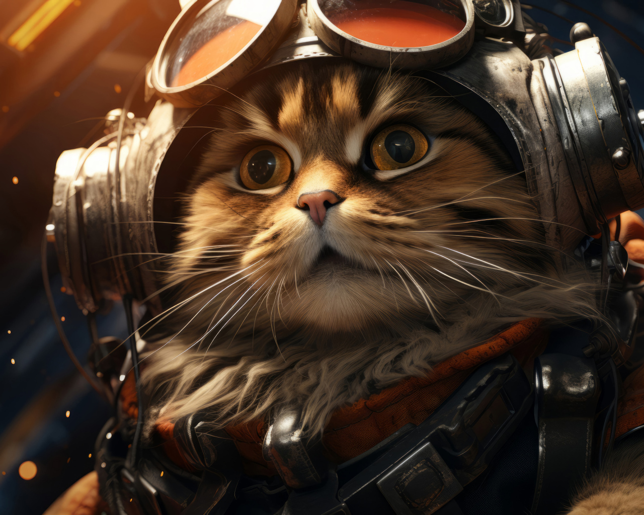 Пушистый серый кот пилот в шлеме