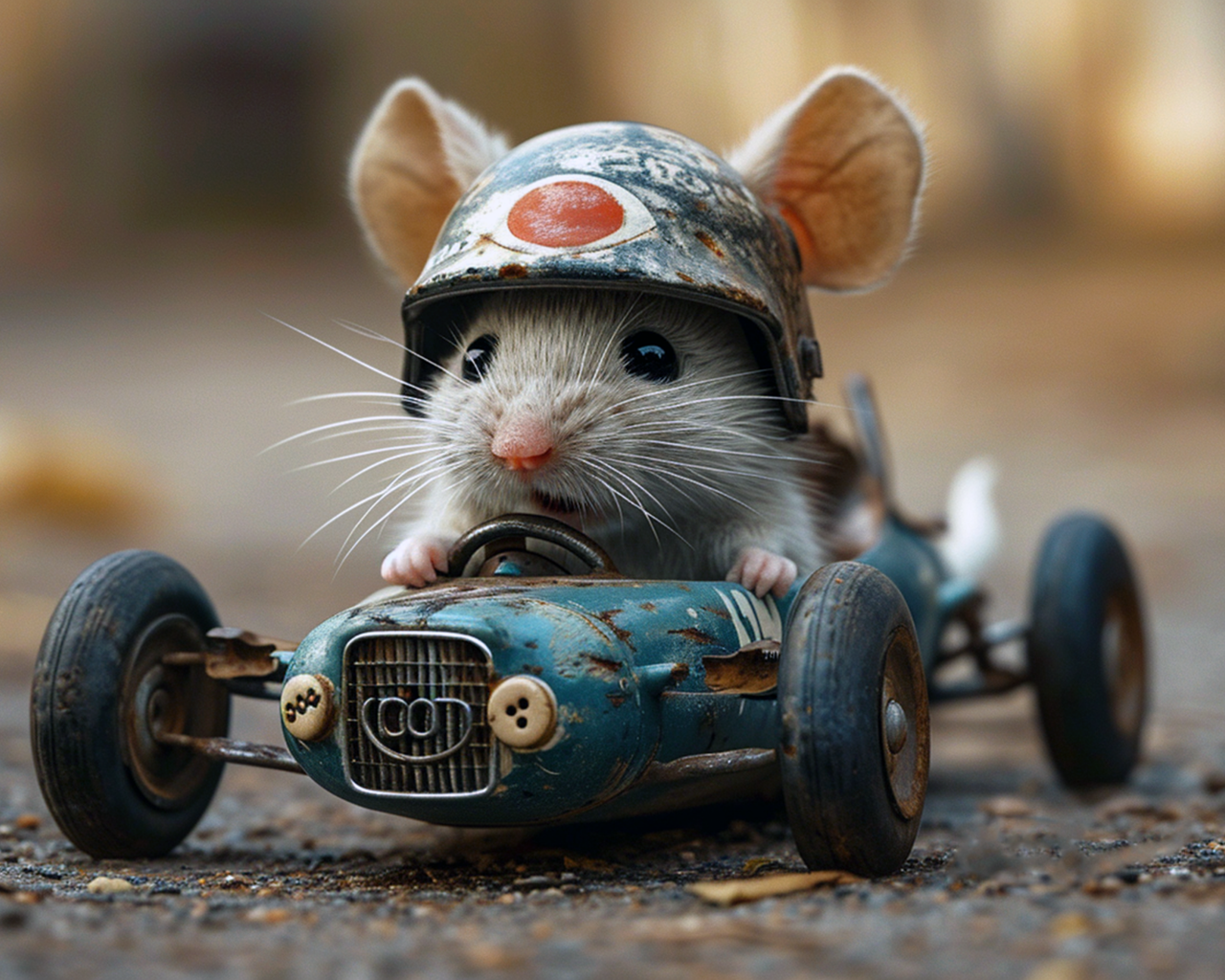 Маленький серый мышонок на игрушечном автомобиле
