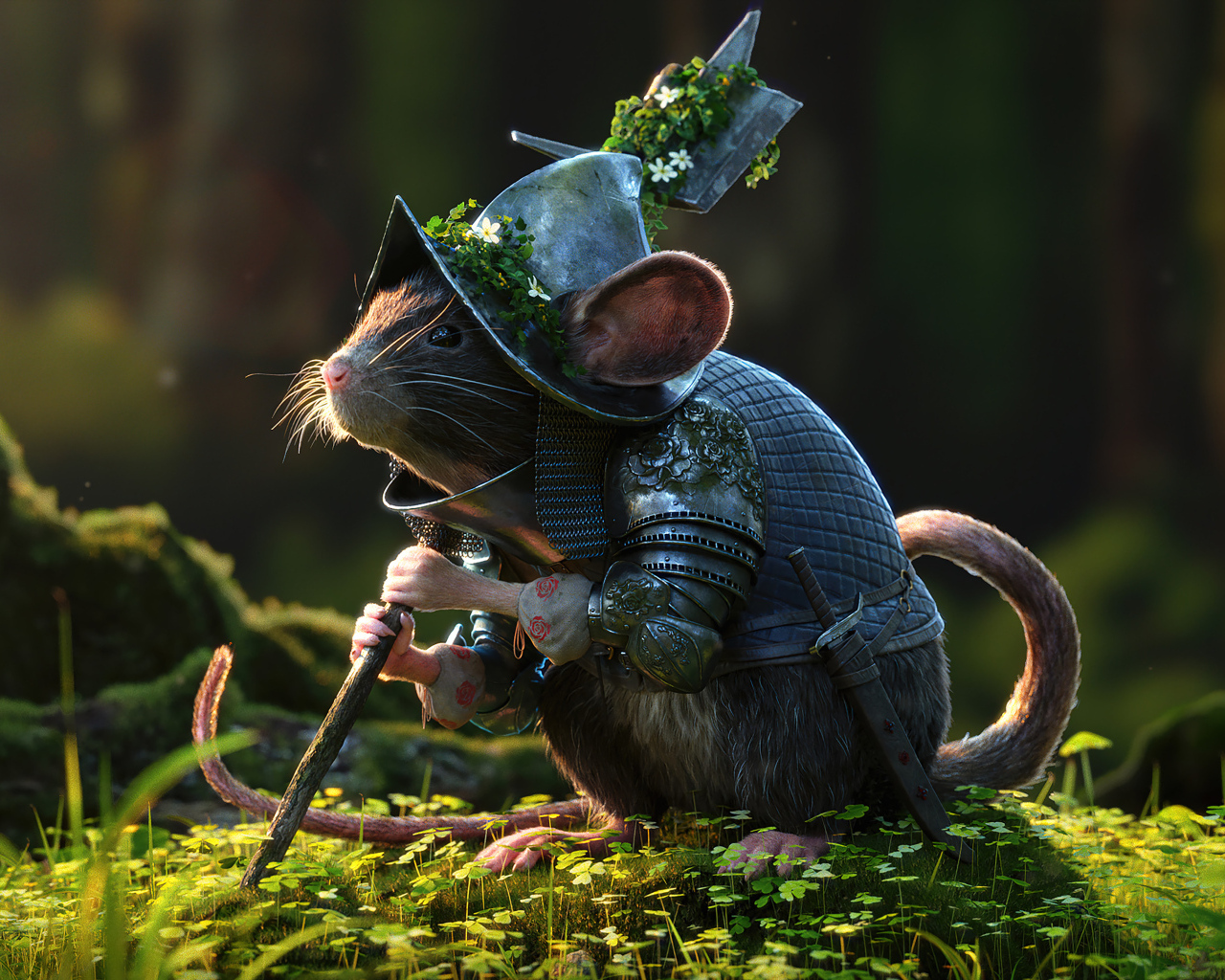 Маленькая мышка в доспехах с оружием