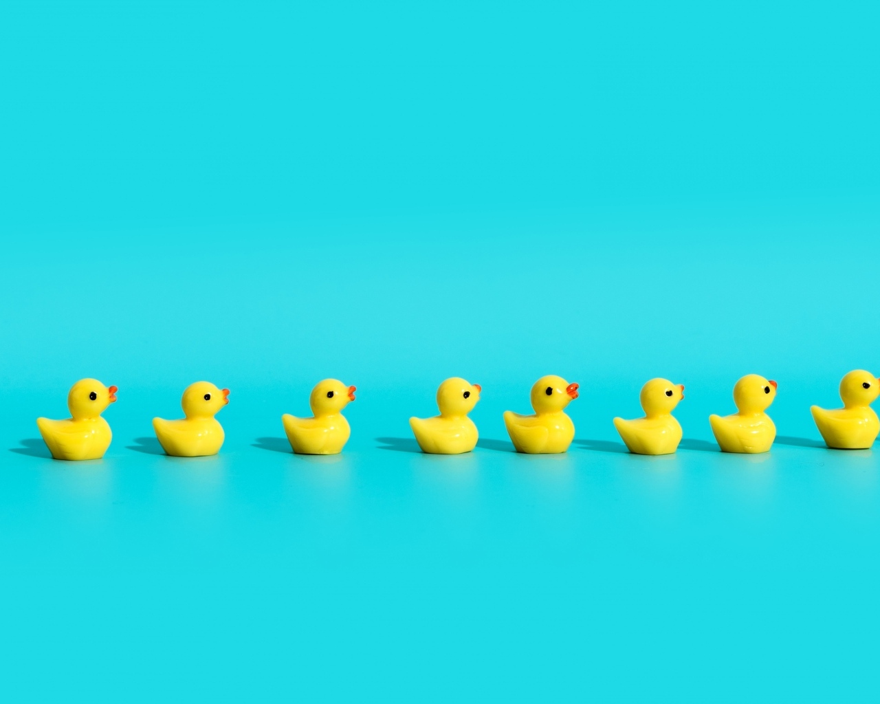 Маленькие игрушечные утята на голубом фоне