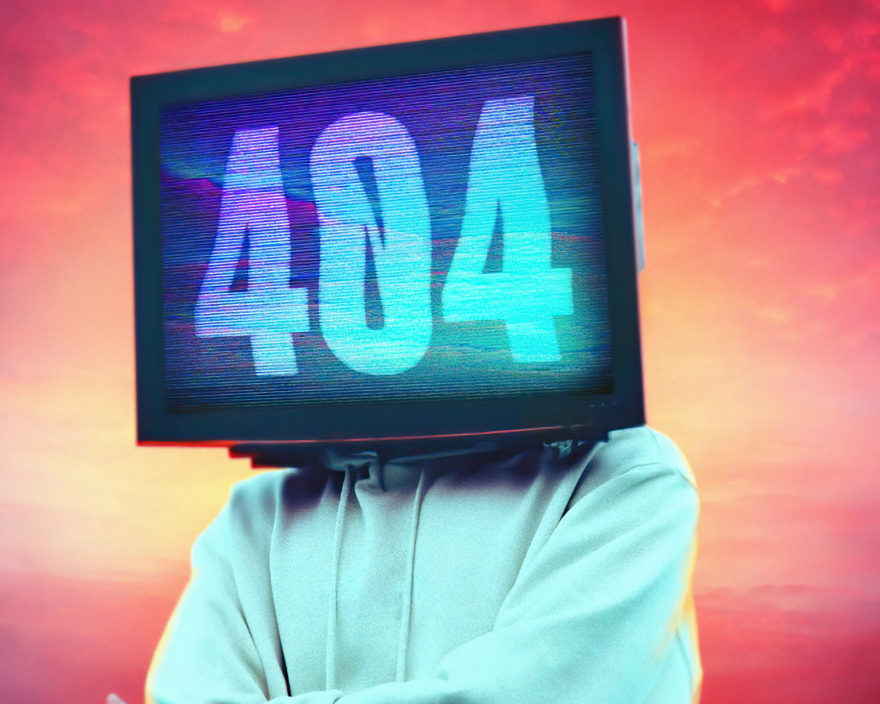 Монитор на лице с ошибкой 404 на красном фоне