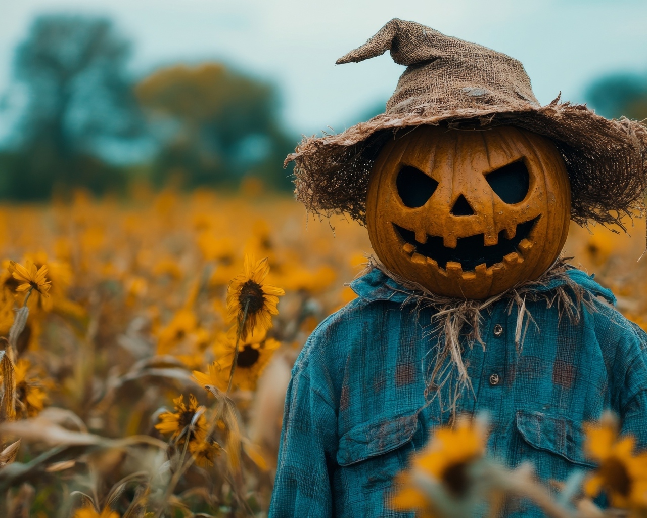 Пугало из тыквы в рубашке на поле